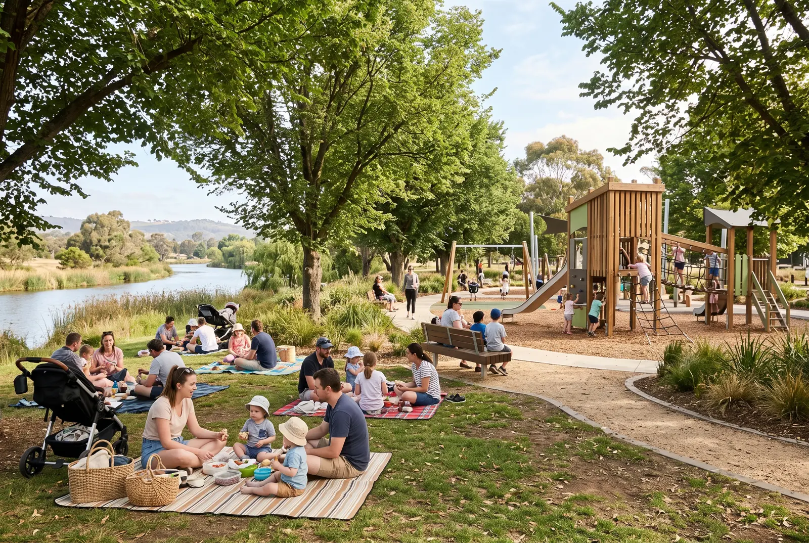 Families gathering at a community playground